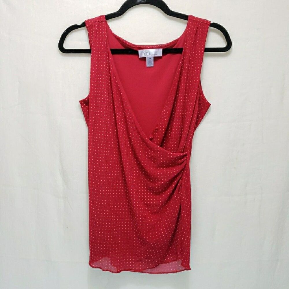 Nine & Co. Red White Polka Dot Faux Wrap Sleeveless Blouse Top Women's Size M